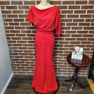 Betsy Adam Dress Red Crepe Off Shoulder Drape Cowl Neck Mermaid Gown 6 NWT